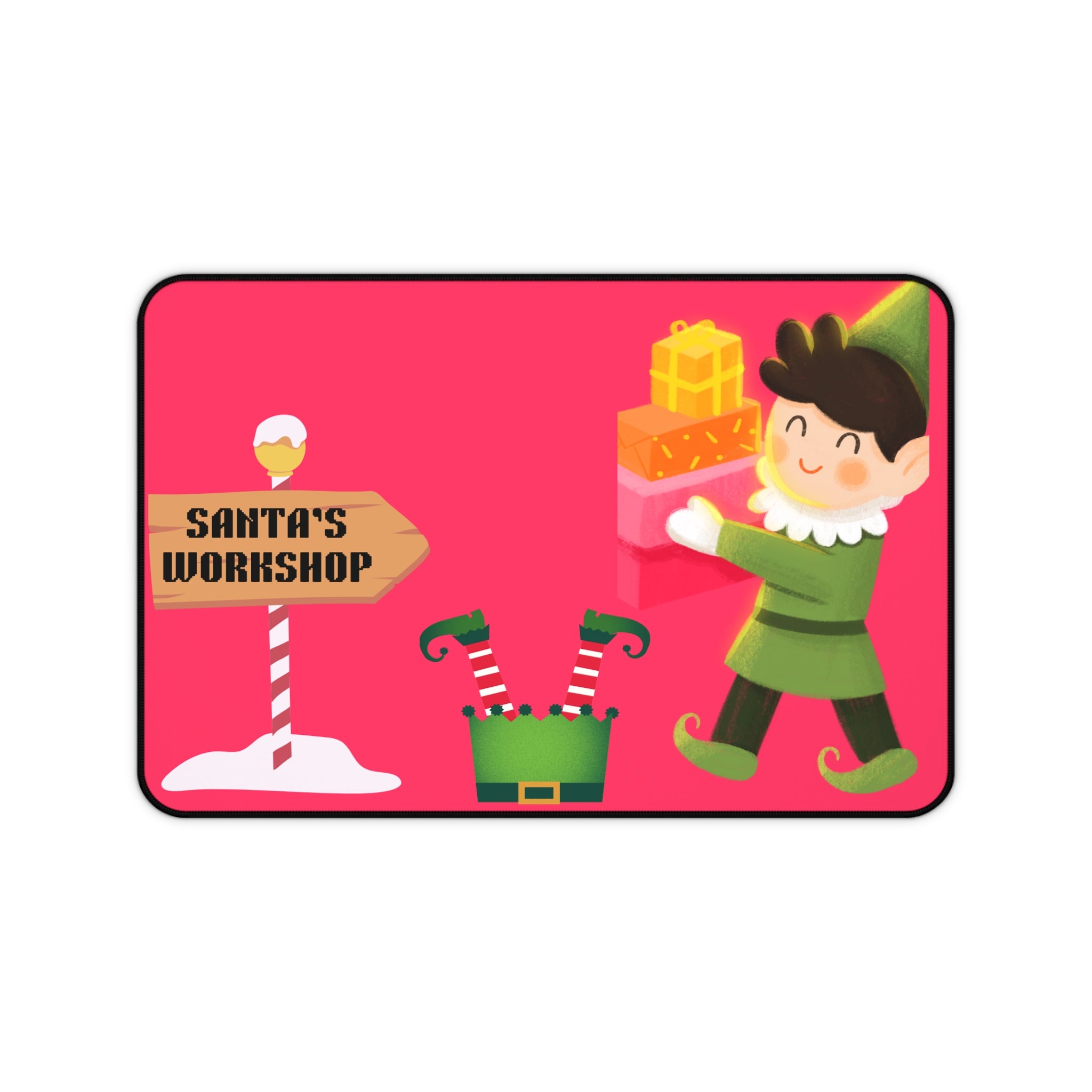 Santa's Workshop Elf Carrying Gifts Desk Mat | Christmas Mousepad