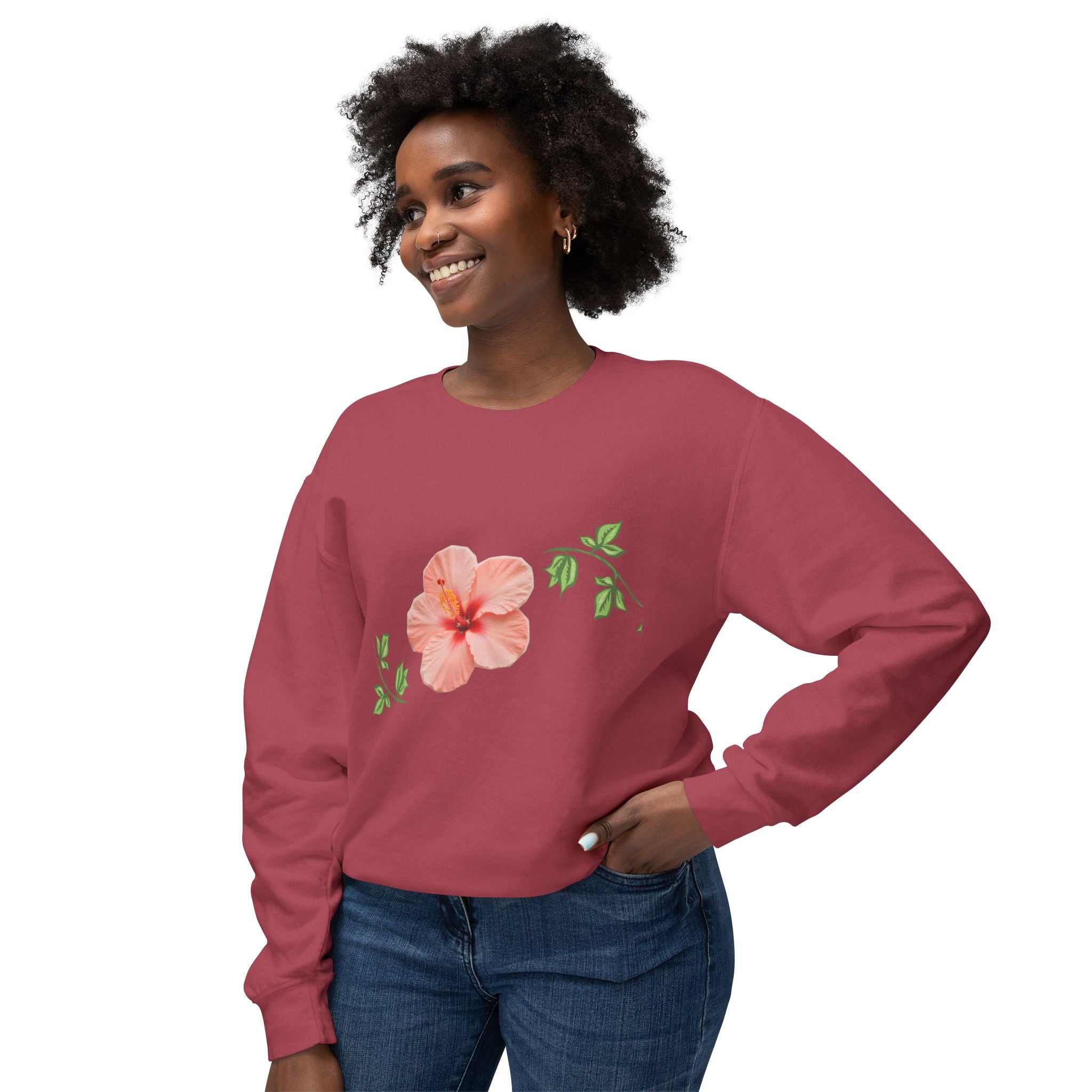 Hibiscus Floral Crewneck Sweatshirt — Lightweight Tropical Flower Pullover