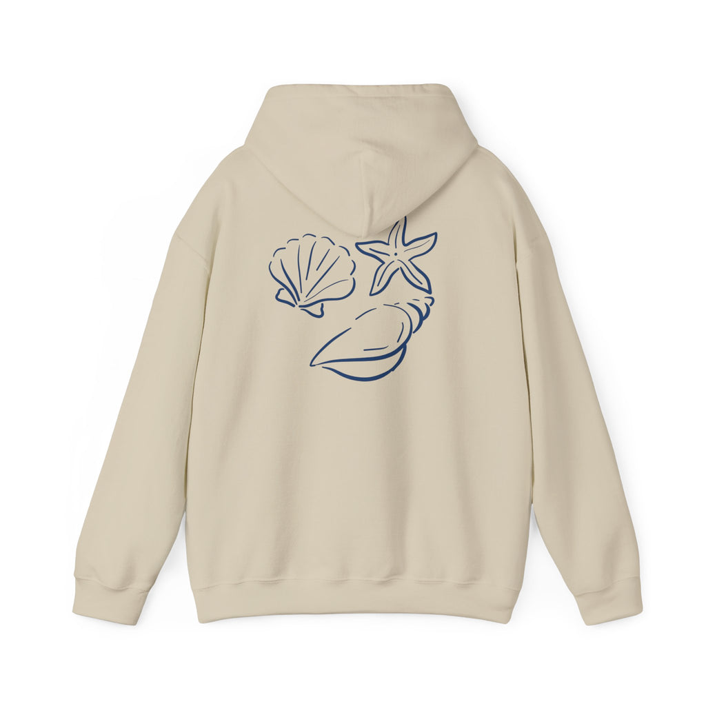 Seashell Sketch Hoodie — Coastal Vibes Graphic Hoodie ("Coastal Cloud" Chest Text)