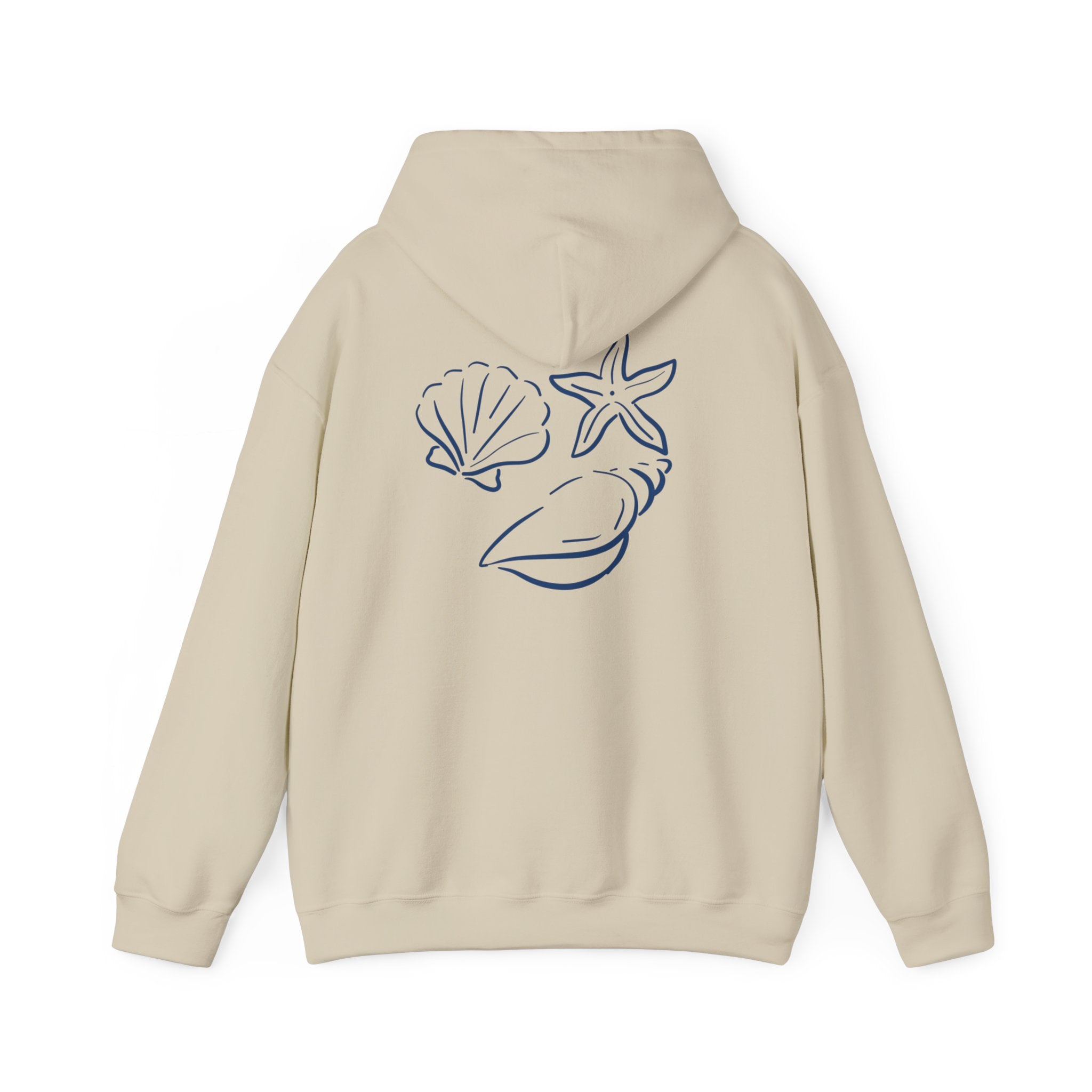 Seashell Sketch Hoodie — Coastal Vibes Graphic Hoodie ("Coastal Cloud" Chest Text)