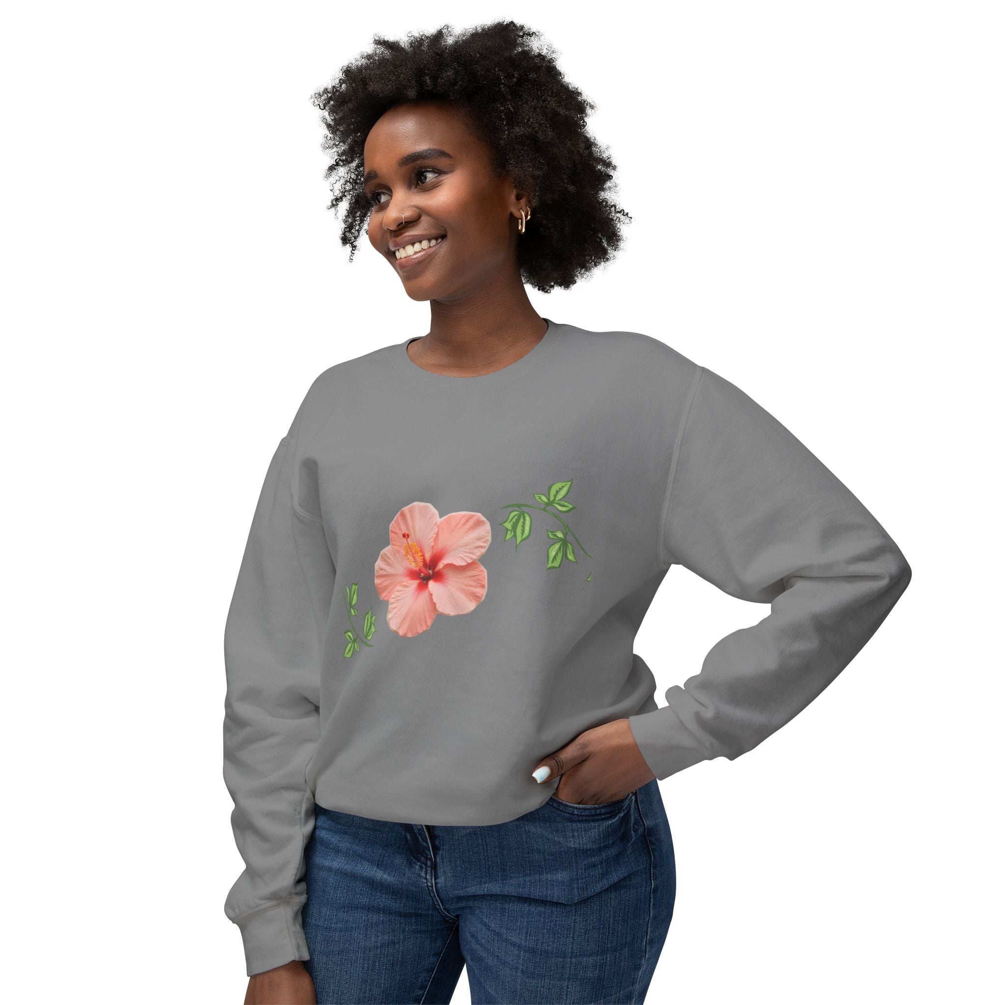 Hibiscus Floral Crewneck Sweatshirt — Lightweight Tropical Flower Pullover