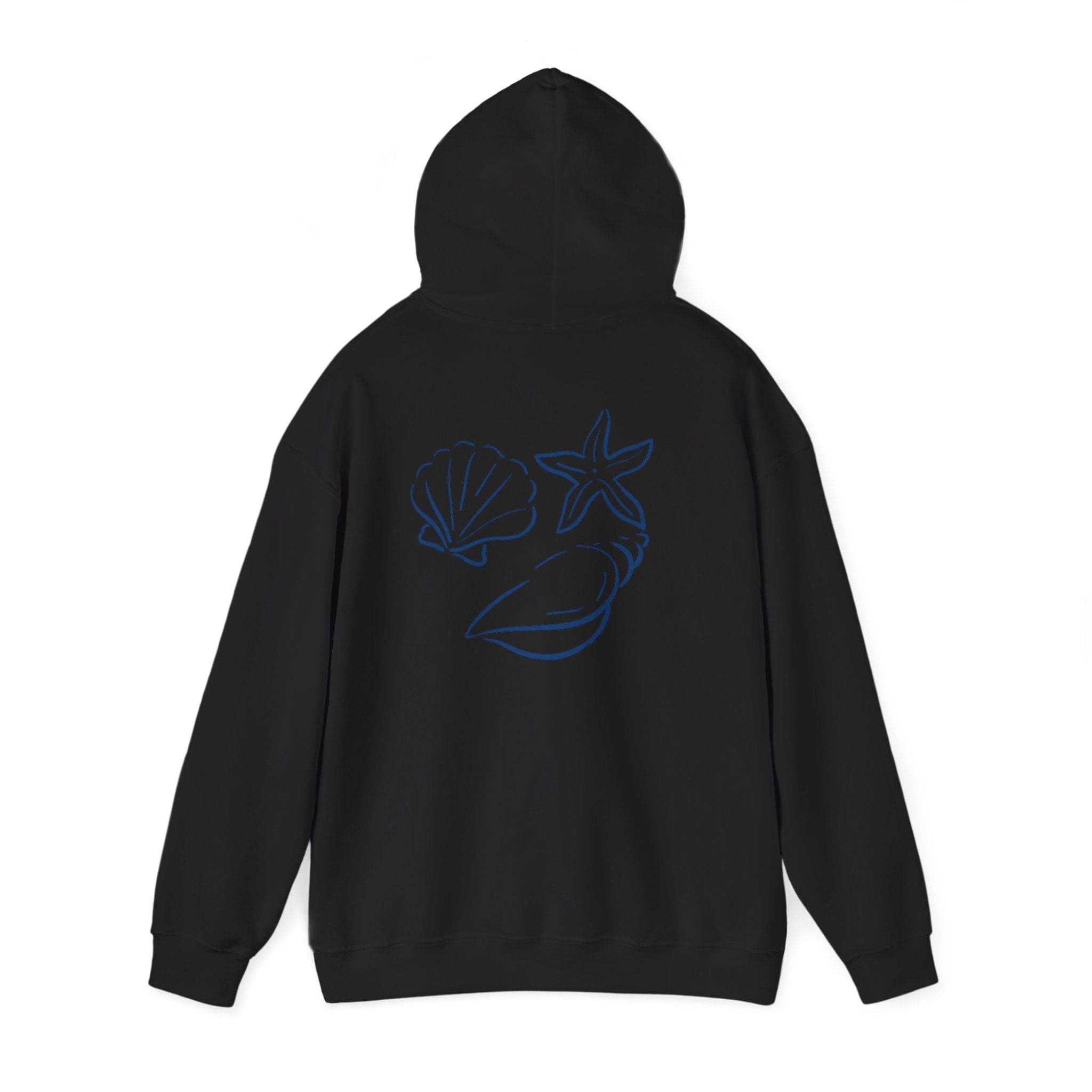 Seashell Sketch Hoodie — Coastal Vibes Graphic Hoodie ("Coastal Cloud" Chest Text)