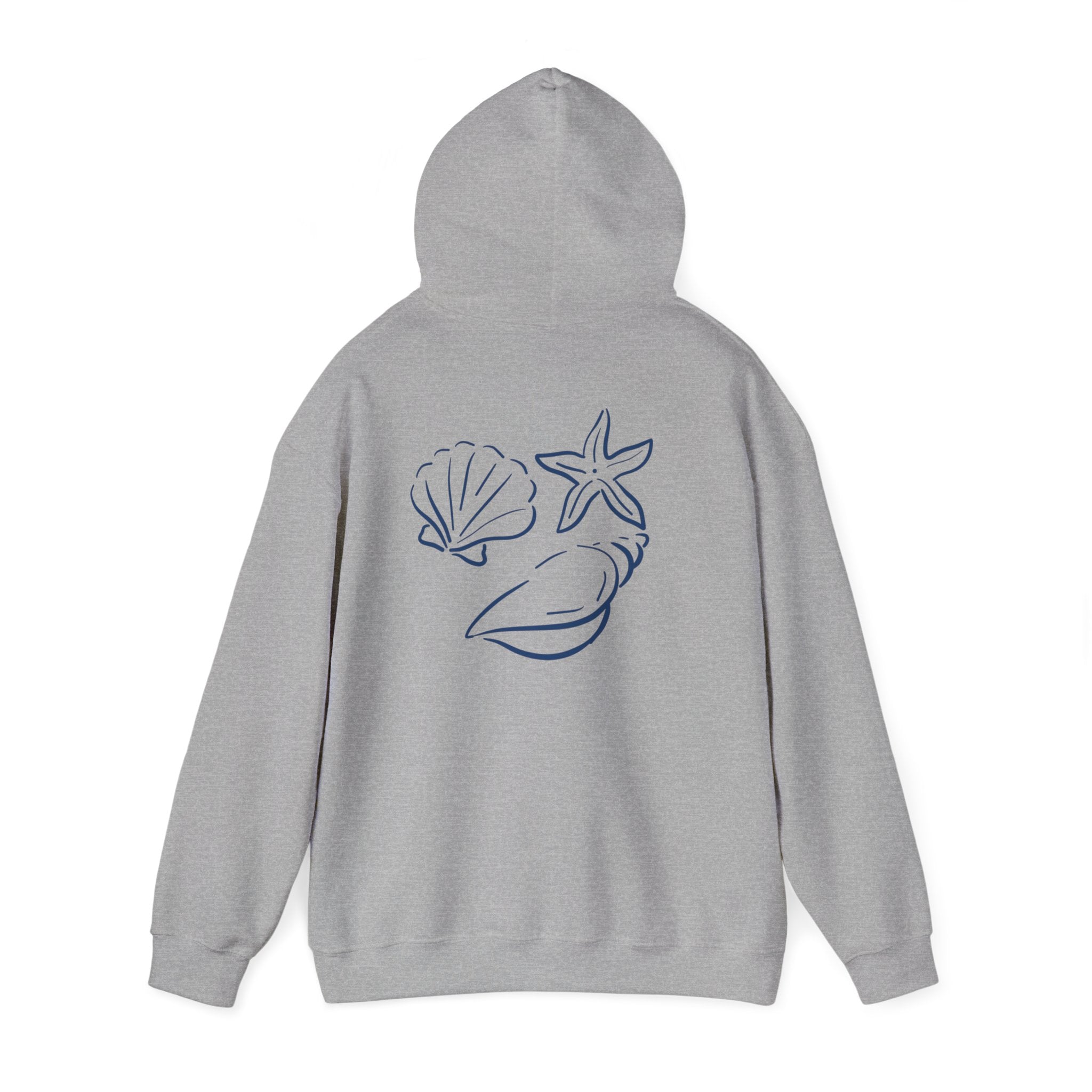 Seashell Sketch Hoodie — Coastal Vibes Graphic Hoodie ("Coastal Cloud" Chest Text)