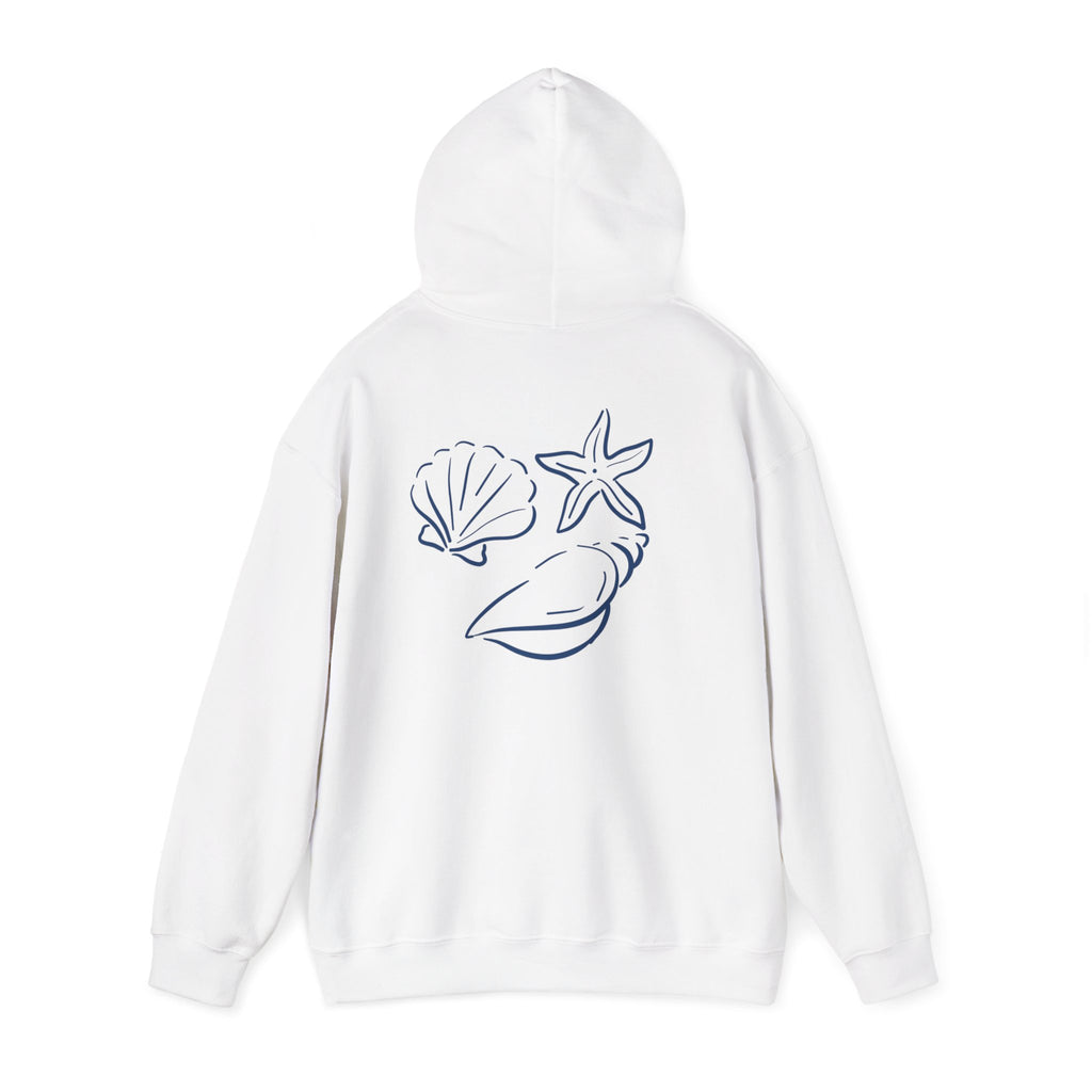 Seashell Sketch Hoodie — Coastal Vibes Graphic Hoodie ("Coastal Cloud" Chest Text)