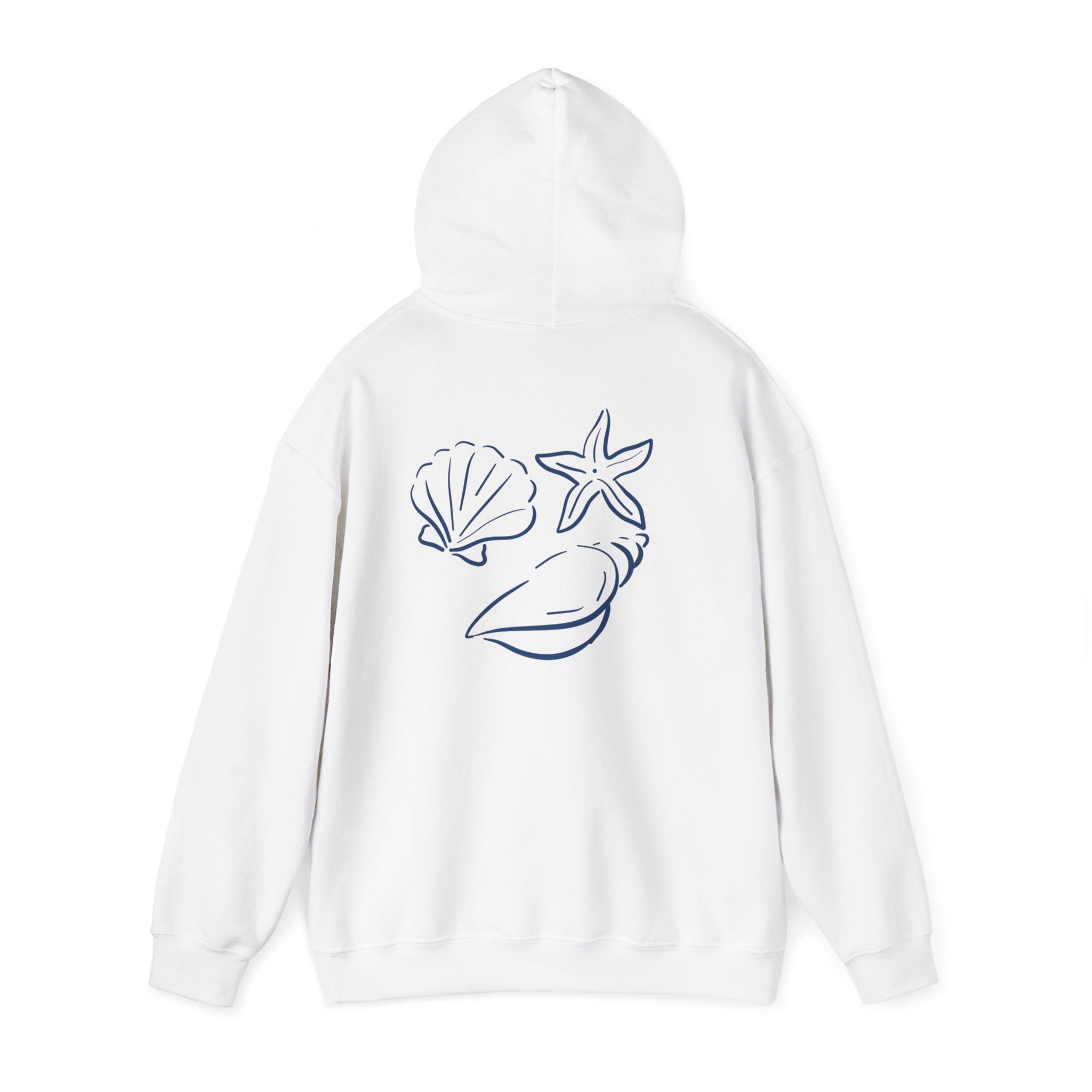Seashell Sketch Hoodie — Coastal Vibes Graphic Hoodie ("Coastal Cloud" Chest Text)