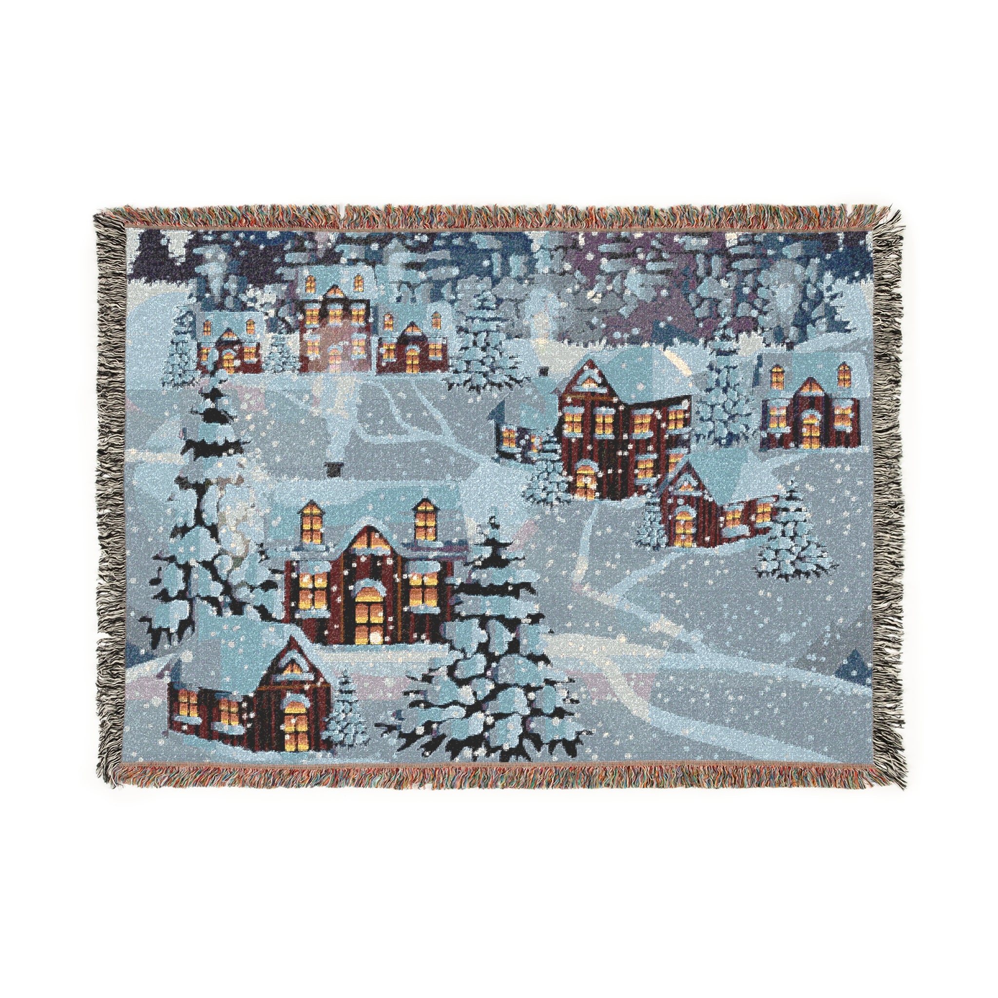 Cozy Snowy Village Woven Blanket | Winter Cottage Throw