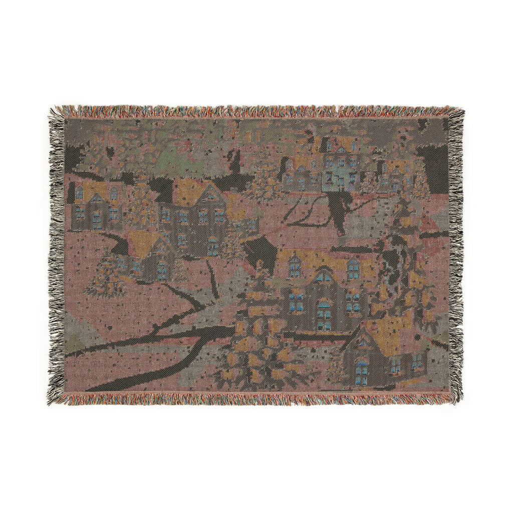 Cozy Snowy Village Woven Blanket | Winter Cottage Throw