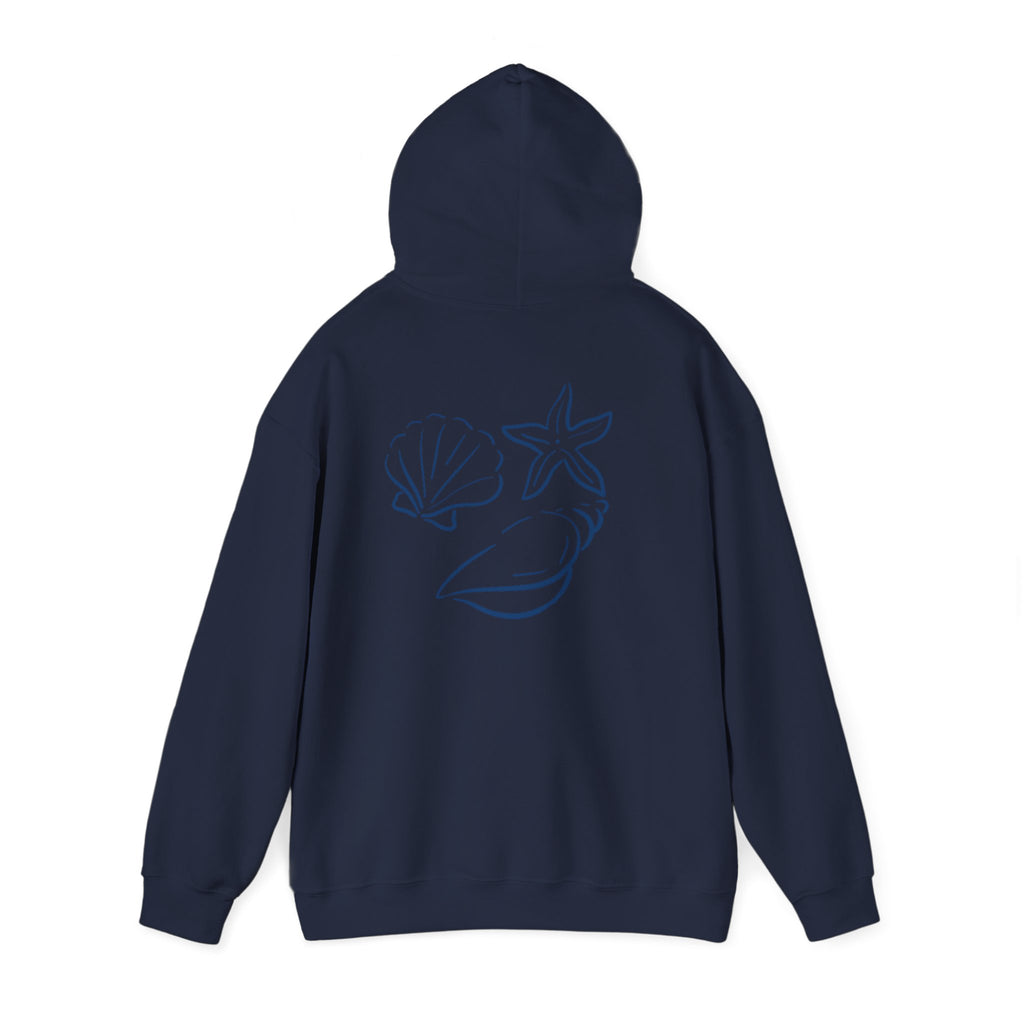 Seashell Sketch Hoodie — Coastal Vibes Graphic Hoodie ("Coastal Cloud" Chest Text)