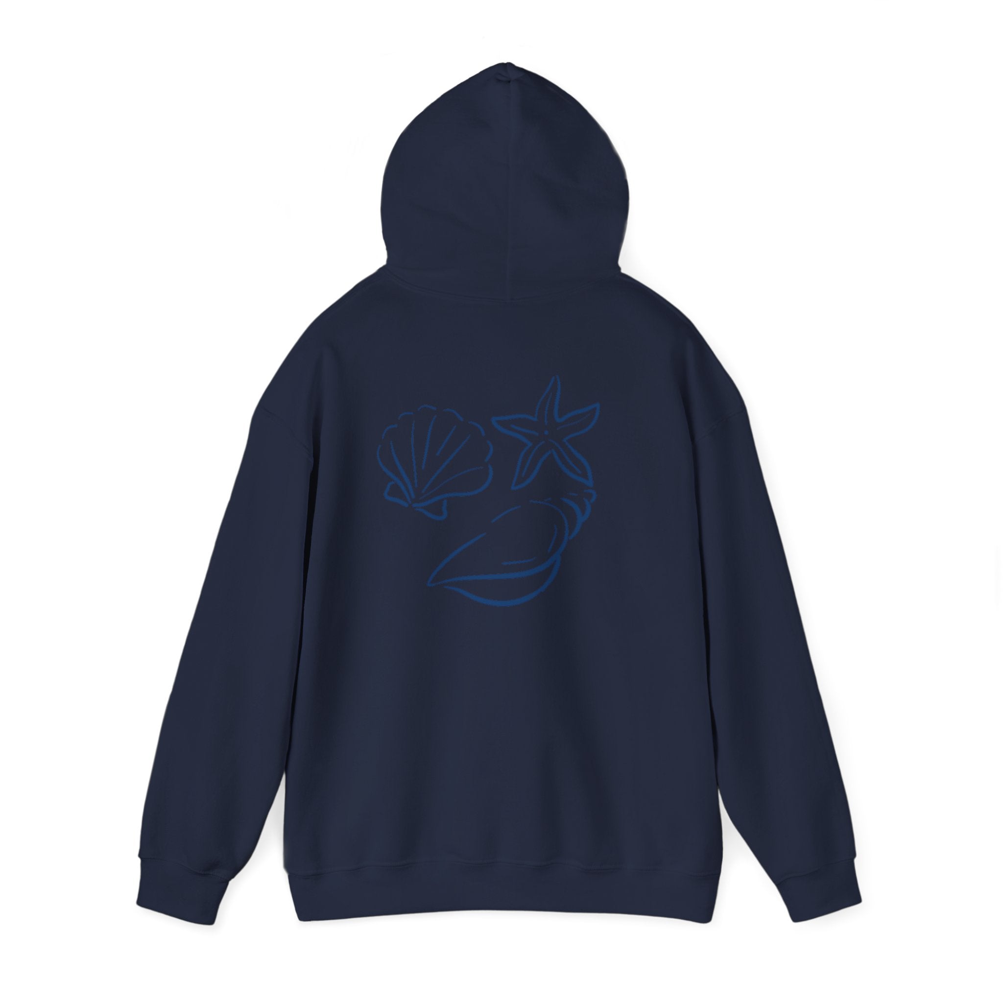 Seashell Sketch Hoodie — Coastal Vibes Graphic Hoodie ("Coastal Cloud" Chest Text)