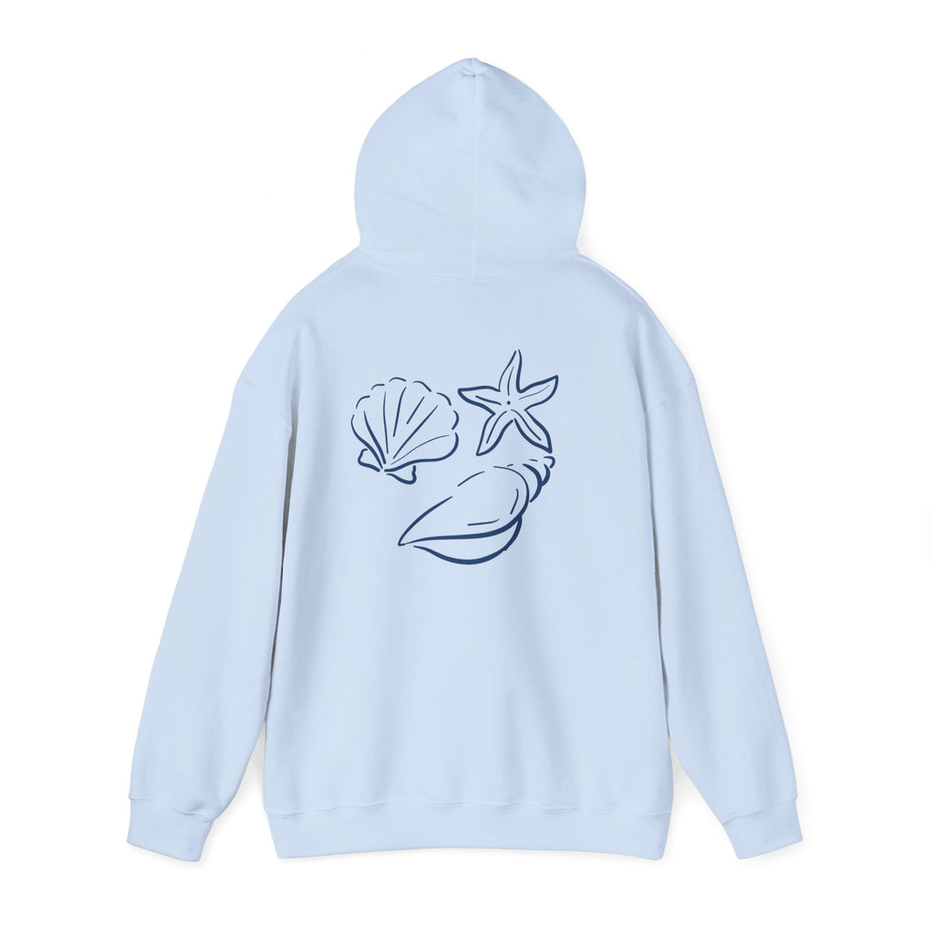 Seashell Sketch Hoodie — Coastal Vibes Graphic Hoodie ("Coastal Cloud" Chest Text)