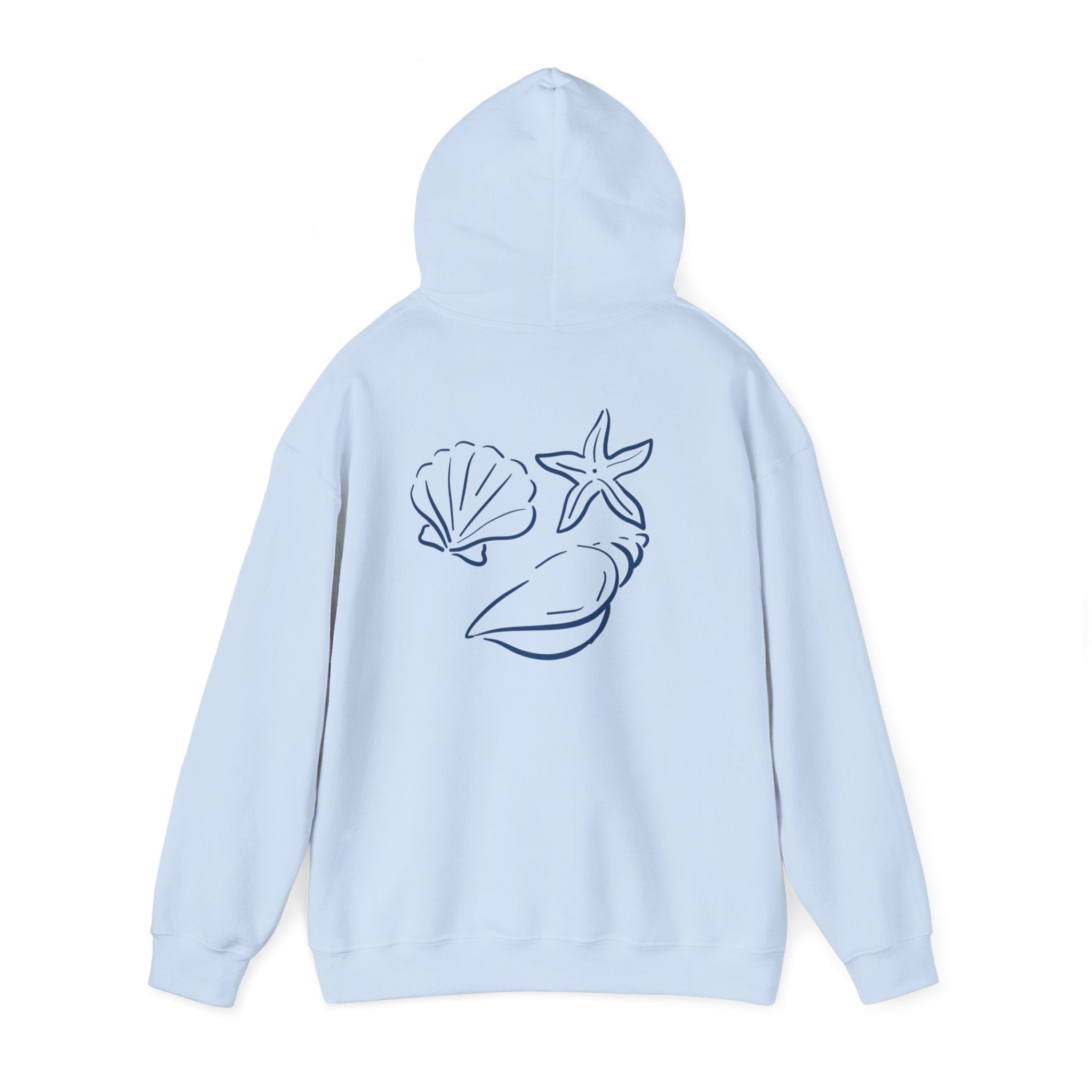 Seashell Sketch Hoodie — Coastal Vibes Graphic Hoodie ("Coastal Cloud" Chest Text)