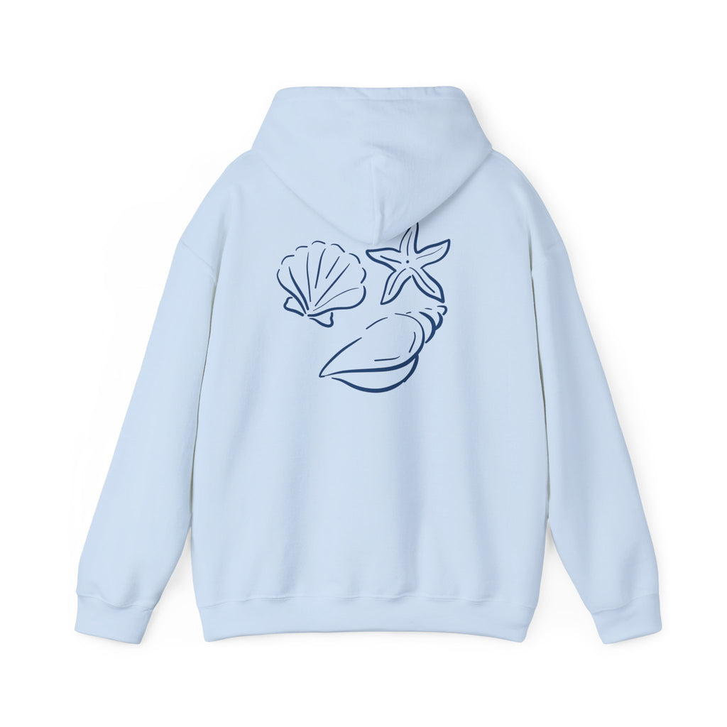 Seashell Sketch Hoodie — Coastal Vibes Graphic Hoodie ("Coastal Cloud" Chest Text)