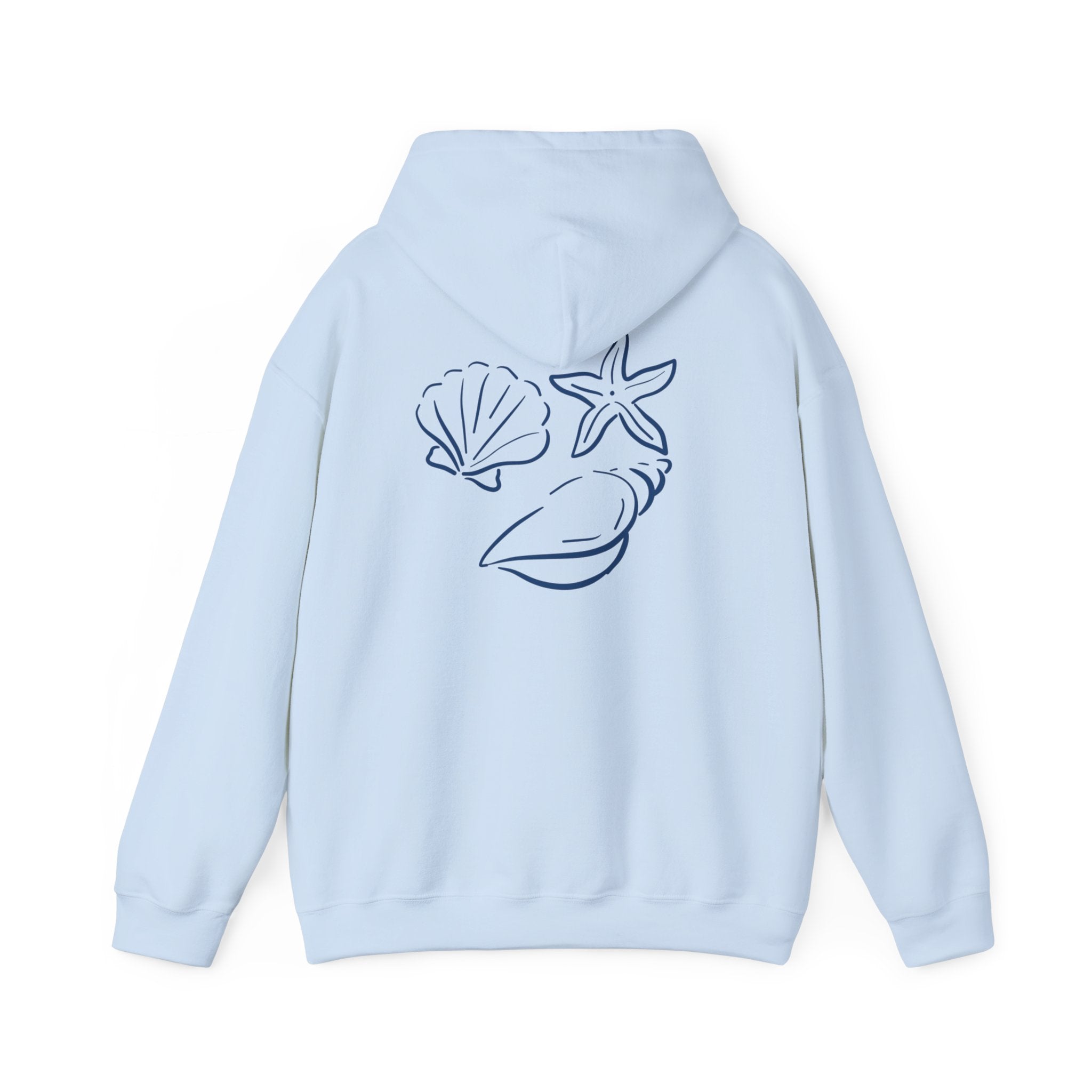Seashell Sketch Hoodie — Coastal Vibes Graphic Hoodie ("Coastal Cloud" Chest Text)
