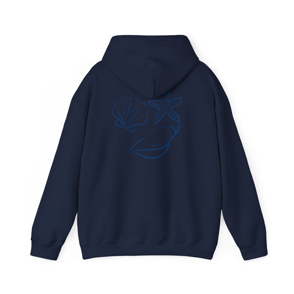 Seashell Sketch Hoodie — Coastal Vibes Graphic Hoodie ("Coastal Cloud" Chest Text)