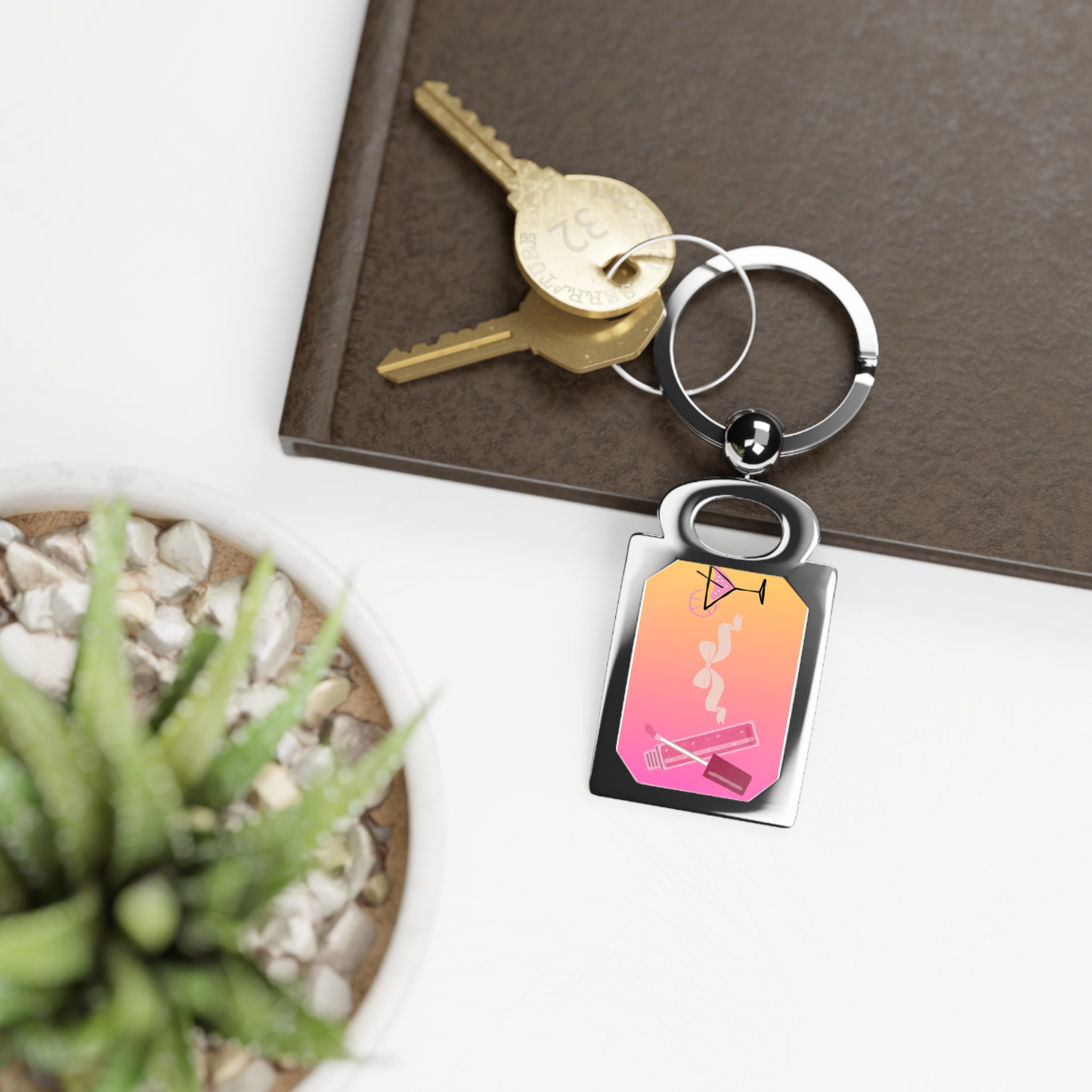 Pink Gradient Cocktail Icon Rectangle Photo Keyring | Metal Photo Keychain