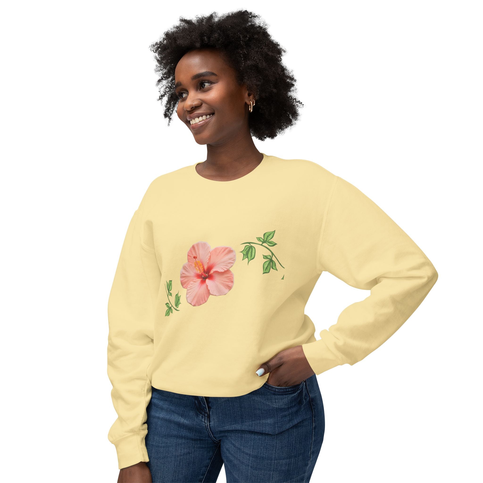 Hibiscus Floral Crewneck Sweatshirt — Lightweight Tropical Flower Pullover