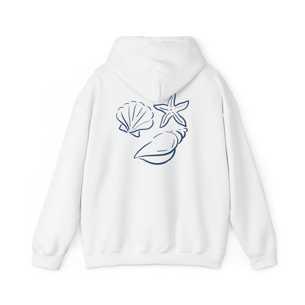 Seashell Sketch Hoodie — Coastal Vibes Graphic Hoodie ("Coastal Cloud" Chest Text)