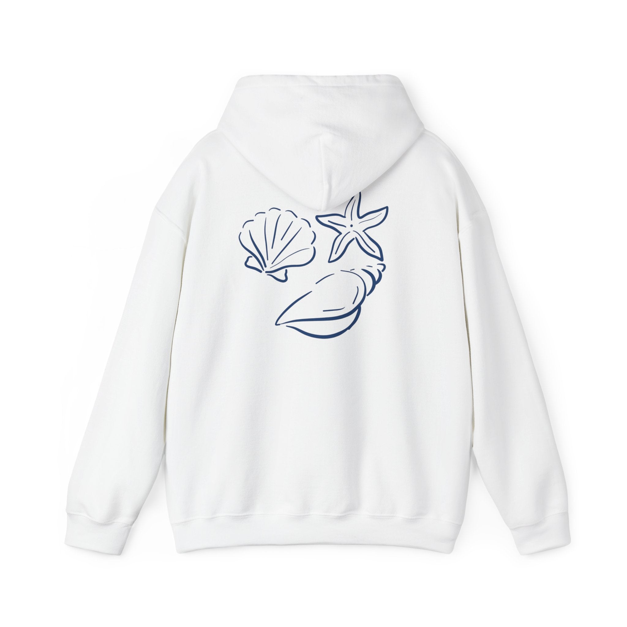 Seashell Sketch Hoodie — Coastal Vibes Graphic Hoodie ("Coastal Cloud" Chest Text)