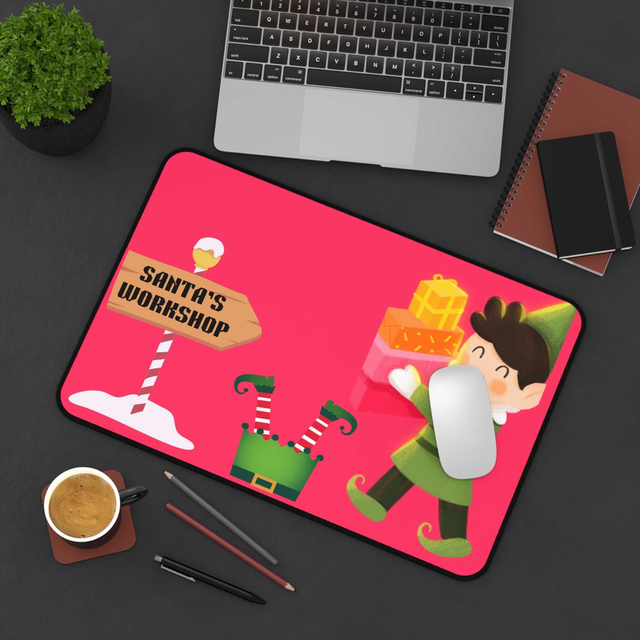 Santa's Workshop Elf Carrying Gifts Desk Mat | Christmas Mousepad