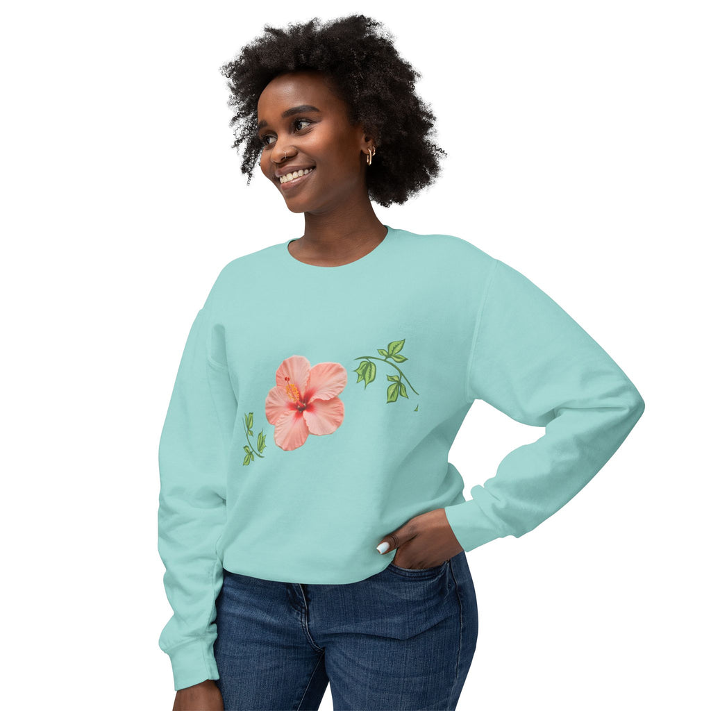 Hibiscus Floral Crewneck Sweatshirt — Lightweight Tropical Flower Pullover