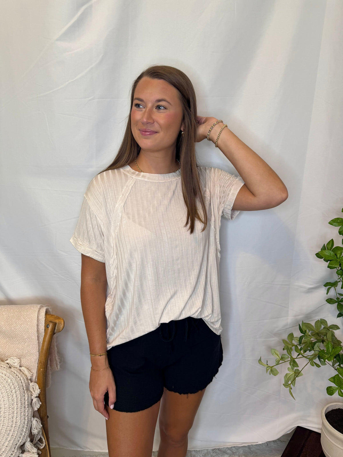 Oversized Ribbed Boat Neck Tee