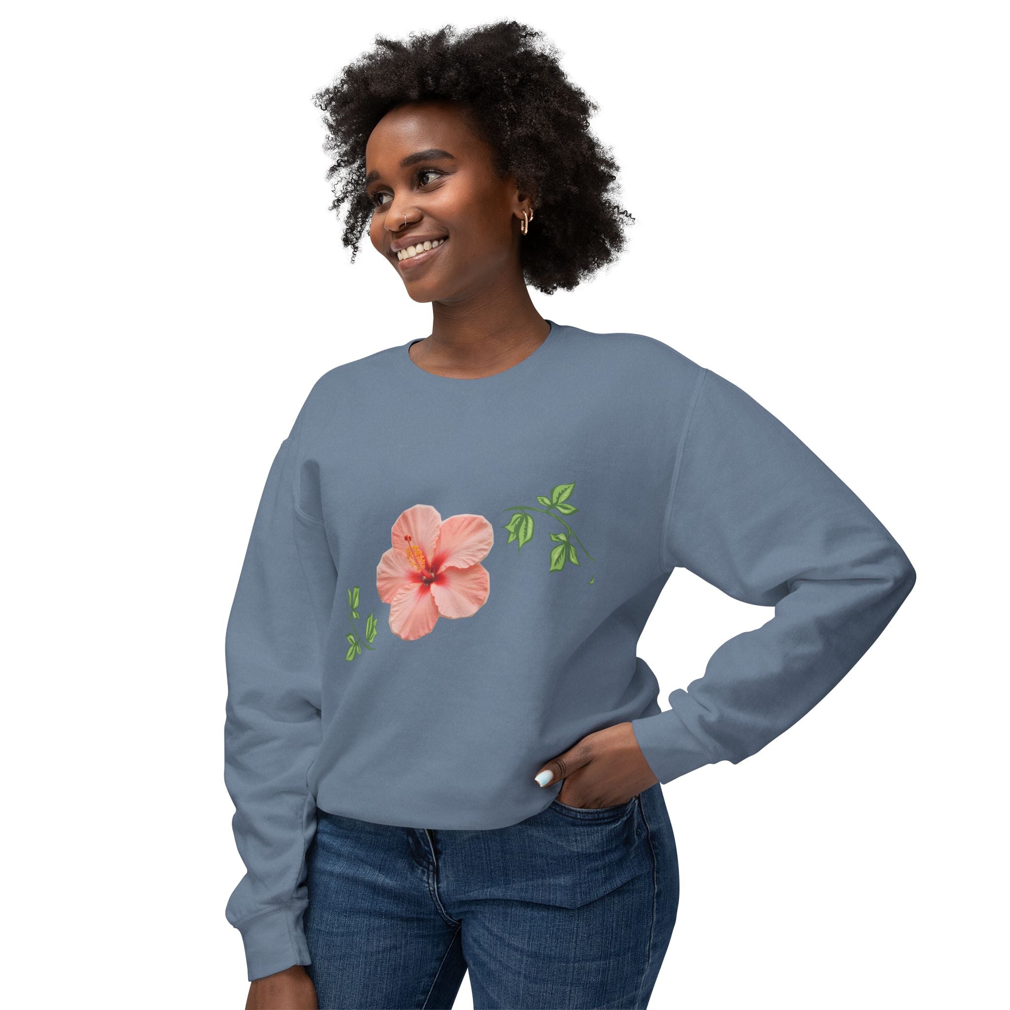 Hibiscus Floral Crewneck Sweatshirt — Lightweight Tropical Flower Pullover