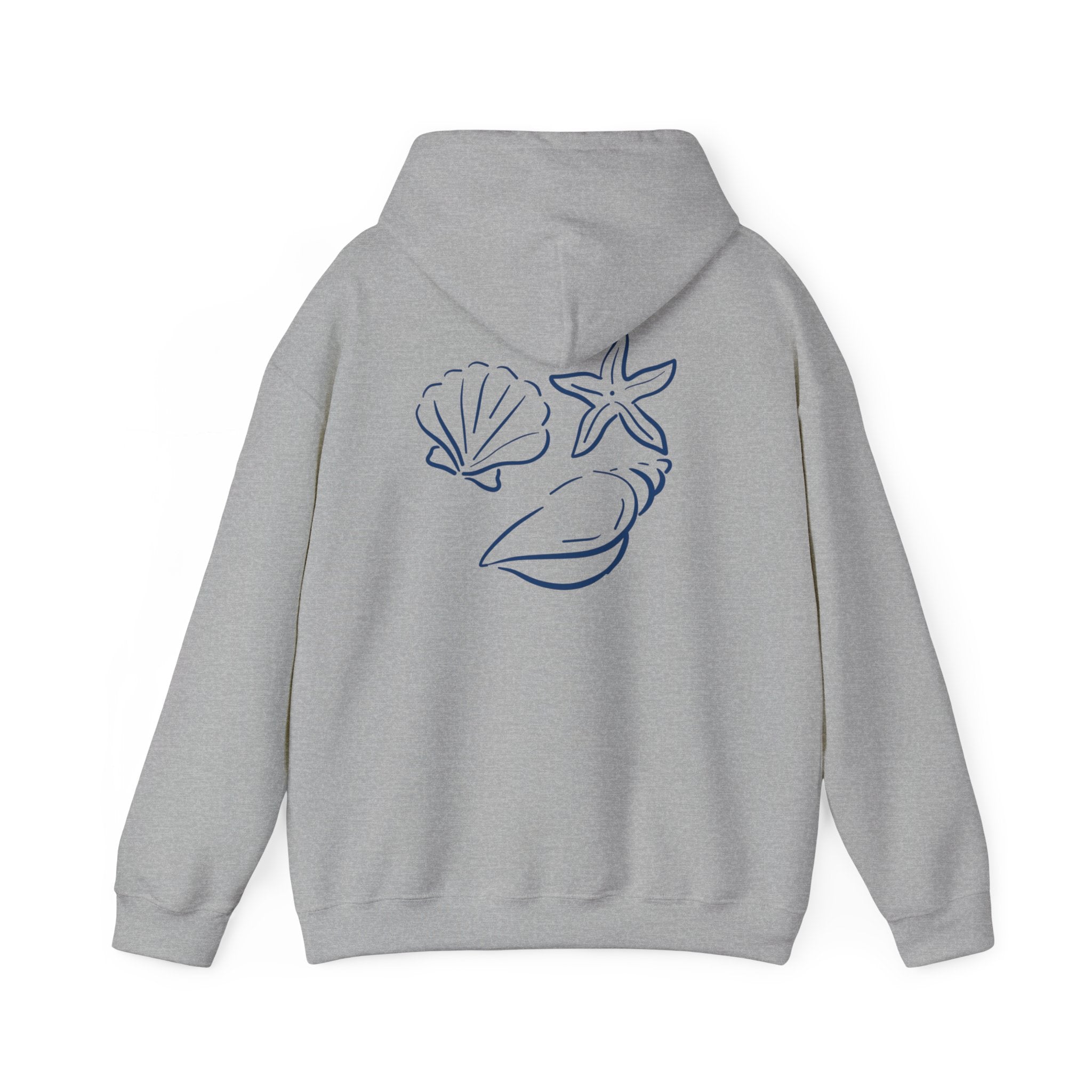 Seashell Sketch Hoodie — Coastal Vibes Graphic Hoodie ("Coastal Cloud" Chest Text)