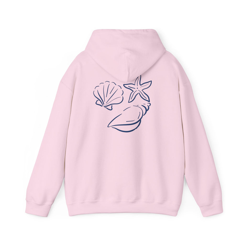 Seashell Sketch Hoodie — Coastal Vibes Graphic Hoodie ("Coastal Cloud" Chest Text)